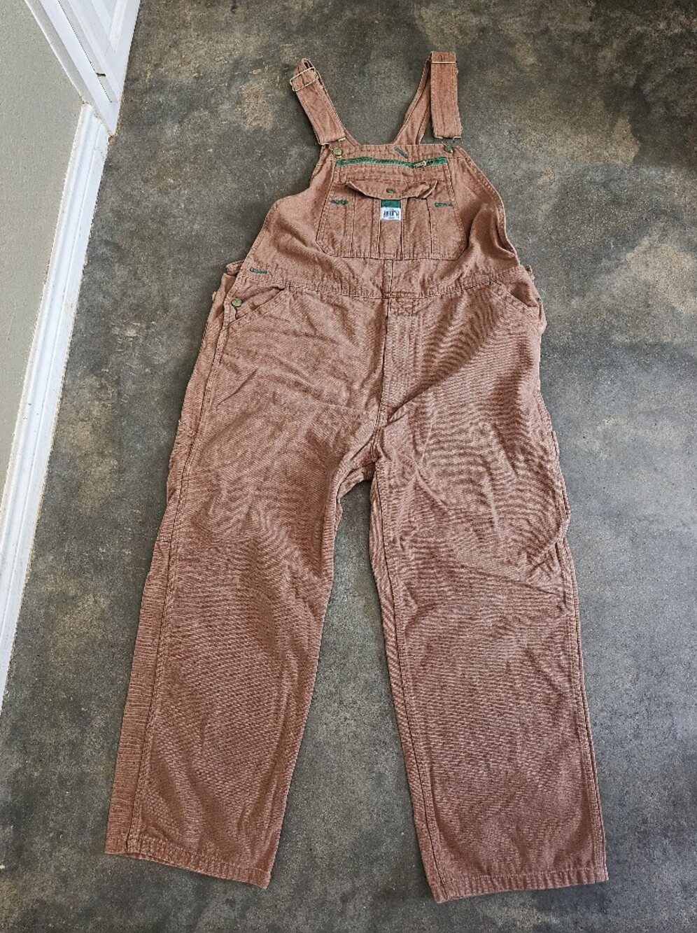 Vintage Liberty Overalls Women’s Tan Denim Jeans Green Trim Overalls 40 X 30